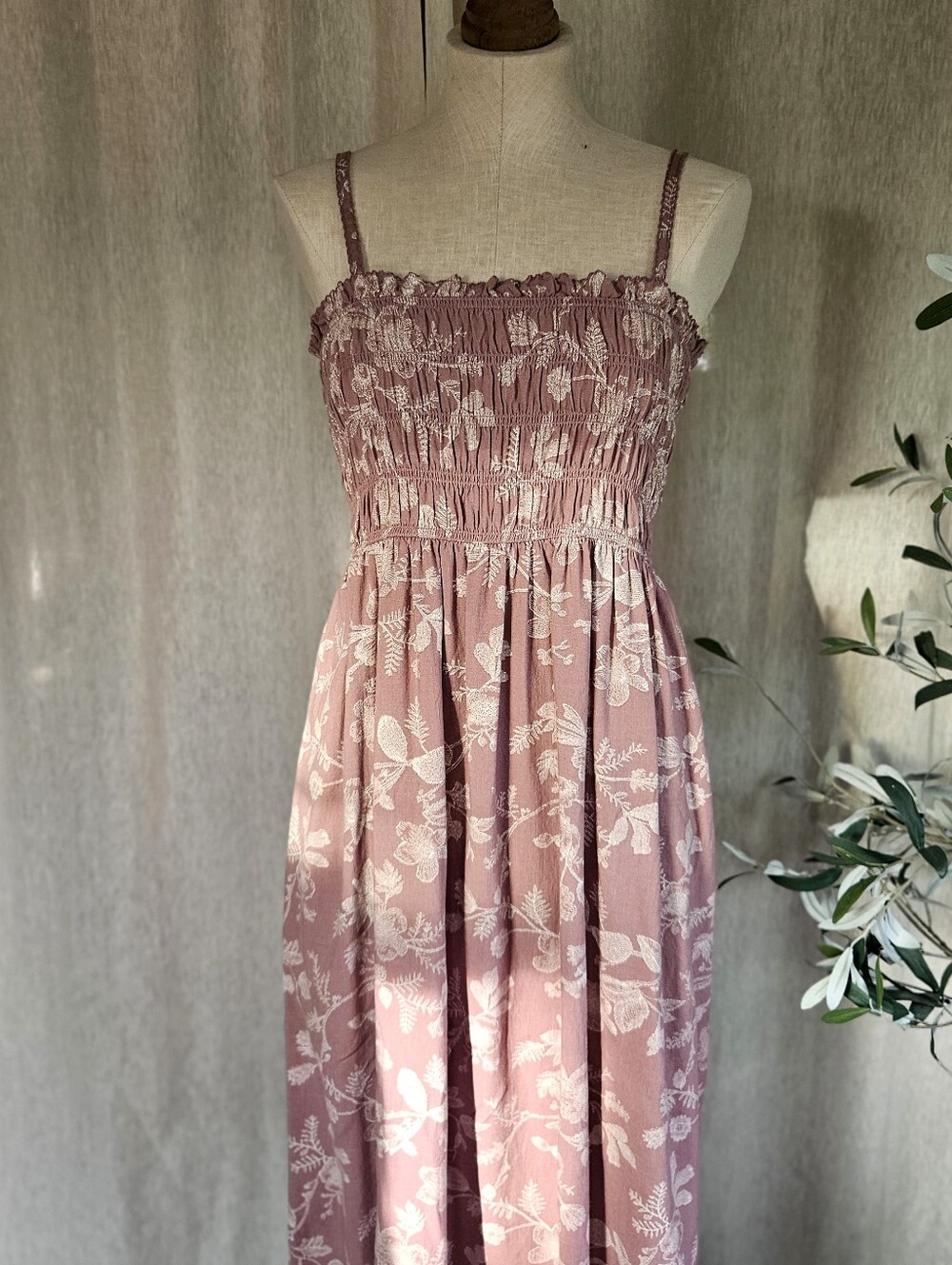 Smocked Floral Maxi Dress in Dusty Rose